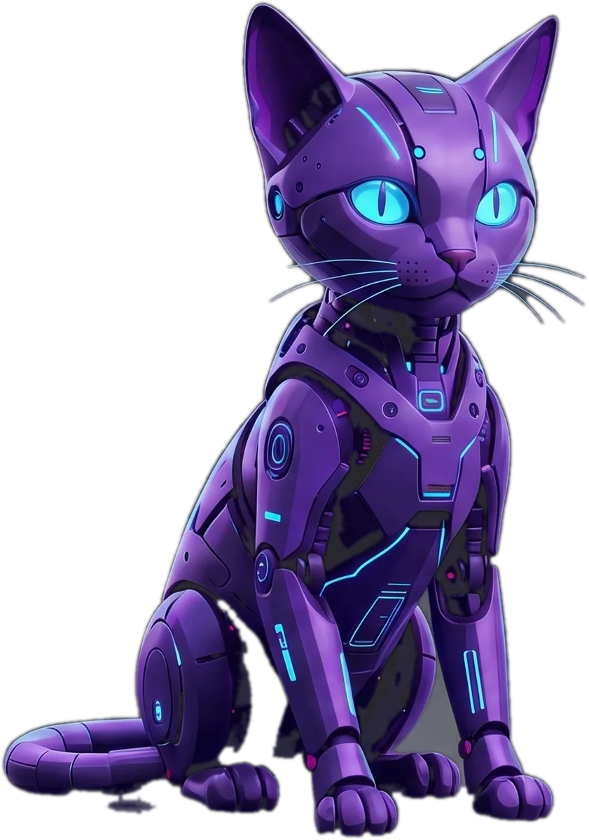 Mascota de ÓRBITA: gato robot morado con detalles luminosos